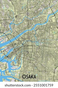 The image showcases a detailed map of Osaka, Japan. The map is rendered in a minimalist style with a light green background representing land, dark blue for water bodies.