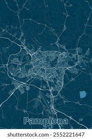 A imagem mostra um mapa detalhado de Pamplona, Espanha, renderizado em um estilo minimalista. O mapa é apresentado contra um fundo azul-petróleo profundo, com linhas brancas representando estradas, ruas e vias navegáveis.