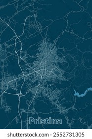 A imagem mostra um mapa detalhado de Pristina, a capital do Kosovo. O mapa é renderizado em um estilo minimalista, apresentando um fundo azul escuro com linhas brancas representando estradas e ruas.