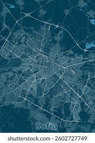 The image showcases a detailed map of Sofia, Bulgaria, rendered in a minimalist style. The city's intricate network of streets and roads is depicted in white lines against a deep blue background.