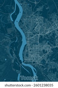 The image showcases a detailed map of Tomsk, a city in Russia. The map is rendered in a minimalist style, using a dark teal background with white lines representing roads and waterways.
