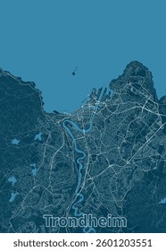 The image showcases a detailed map of Trondheim, Norway, rendered in a minimalist style. The map features a vibrant blue color palette, with white lines representing roads and waterways.