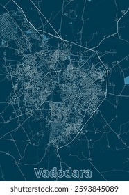 The image showcases a detailed map of Vadodara, India, rendered in a minimalist style. The map is dominated by a deep blue background, with white lines representing roads and streets.
