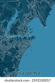 The image showcases a detailed map of Vila Velha, a city in the state of Espírito Santo, Brazil. The map is rendered in a minimalist style, using a dark blue color palette for land and a lighter blue 