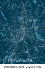 The image showcases a detailed map of Worcester, Massachusetts, rendered in a minimalist style. The map is dominated by a deep teal blue background, with white lines representing roads and streets.