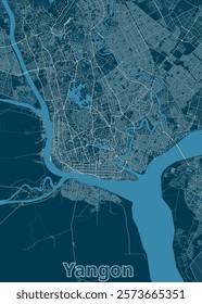 The image showcases a detailed map of Yangon, Myanmar, rendered in shades of blue. The city's intricate street network is depicted in white lines, highlighting the urban layout.