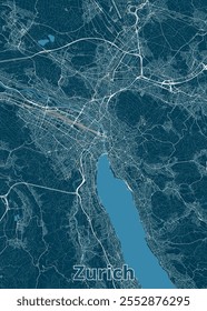 Das Bild zeigt eine detaillierte Karte von Zürich, Schweiz, in einem minimalistischen Stil gerendert. Die Karte hat einen tiefblauen Hintergrund mit weißen Linien, die Straßen, Straßen und Wasserwege darstellen.