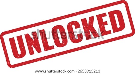 An image showcases a distressed red Unlocked rubber stamp, angled slightly on a white background. The stamp's texture gives it a worn, authentic appearance, suggesting approval.