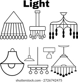 A imagem mostra uma gama diversificada de luminárias, incluindo lustres, arandelas, luzes de pingente e lâmpadas, destacando suas formas e características únicas