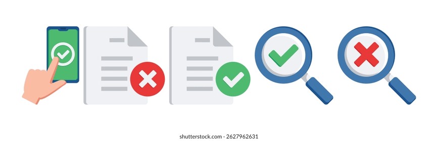 The image showcases a document verification process, with elements of approval and denial, represented by checkmarks and crosses. Magnifiers and smartphone validation add depth to this visual concept.