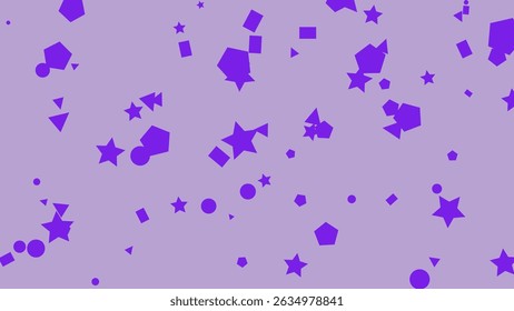 The image showcases a dynamic composition of various geometric shapes predominantly in a bold purple hue scattered across a soft lavender backdrop. The shapes include stars circles squares triangles p