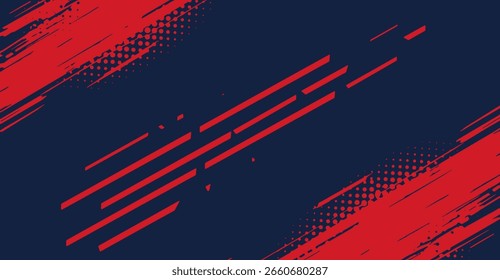 A imagem mostra uma interação dinâmica de vermelho e azul escuro, apresentando padrões lineares, pontos de meio-tom e texturas semelhantes a pinceladas, criando uma composição abstrata visualmente envolvente