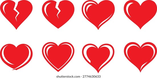 The image showcases eight red hearts, some intact and others broken, arranged in a grid, symbolizing love, loss, and healing.