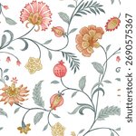 The image showcases a floral pattern on a white background, featuring a variety of flowers and leaves depicted in different colors, including pink, yellow, peach, and green.