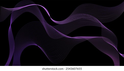 La Imagen muestra ondas abstractas que fluyen en tonos púrpuras, sobre un fondo negro sólido. Transmite un concepto moderno y dinámico. Ilustración vectorial