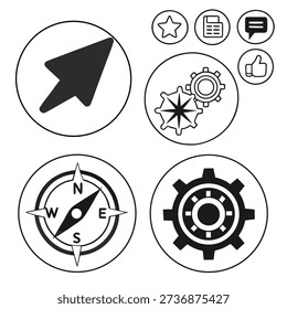 The image showcases four circular icons arranged in a square, featuring an arrow, gears, a compass rose, and a cogwheel, all rendered in a simple black-and-white style.
