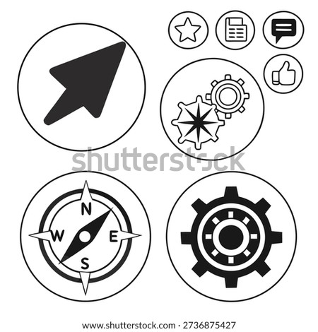 The image showcases four circular icons arranged in a square, featuring an arrow, gears, a compass rose, and a cogwheel, all rendered in a simple black-and-white style.