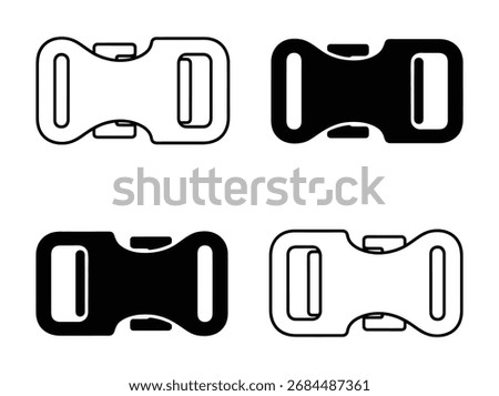 The image showcases four different buckle designs, each rendered in a minimalist style. The buckles are displayed in black and white, set against a clean, white background. 