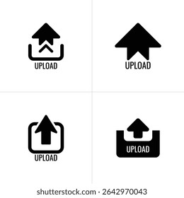 The image showcases four distinct black and white upload icons, each featuring an upward-pointing arrow and the word UPLOAD beneath, set against a stark white backdrop.