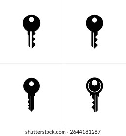 The image showcases four distinct black key icons displayed on a white background. Each key features a unique silhouette design, ideal for vector use.