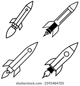 The image showcases four distinct rocket designs, rendered in a clean, minimalist line art style. Each rocket is depicted in flight, its trajectory suggesting speed and ambition.