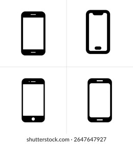 A imagem mostra quatro ícones distintos de smartphones em silhueta preta contra um fundo branco limpo, ilustrando diferentes colocações de botões e evoluções de design em todos os modelos.