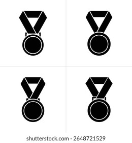 The image showcases four identical black medal icons. Each medal features a round shape hanging from a ribbon, placed on a white backdrop. Symbolizes achievement and success.