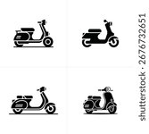 Image showcases four isolated black scooter silhouette vectors, each exhibiting classic Italian design elements, set against a clean white background.