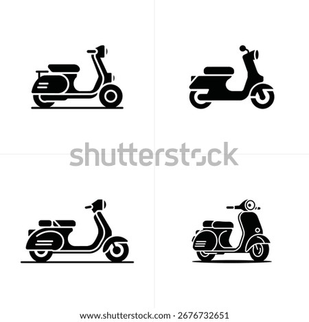 Image showcases four isolated black scooter silhouette vectors, each exhibiting classic Italian design elements, set against a clean white background.