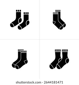 Image showcases four quadrants, each presenting a pair of black silhouette socks, uniquely designed. The socks have variations on cuff designs and rounded toes, set against a stark white background.