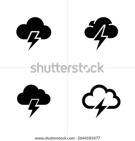 The image showcases four variations of a black storm cloud icon with a lightning bolt. Each icon is set against a clean, white background, presented in a 2x2 grid.