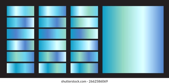 The image showcases gradient color palettes, featuring diverse shades of light cyan and azure arranged in rectangular shapes against a sleek black backdrop, displaying a modern aesthetic