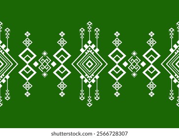 The image showcases a graphic design inspired by traditional textile patterns. It features repetitive geometric motifs arranged symmetrically, using a bold navy blue and white color scheme. 