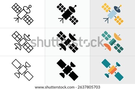 Image showcases a grid of nine satellite icons displayed in line art, filled silhouette, and color formats on a light gray background. The illustrations feature artificial satellites.