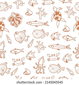 The image showcases a hand-drawn seamless pattern featuring cute sea animal icons isolated on a white background, suitable for various design applications with an ocean theme.
