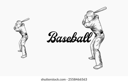 The image showcases a hand-drawn sketch of a baseball player in a batting stance, demonstrating the dynamic action of the sport.