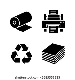 La Imagen muestra íconos que representan rollos de papel, impresoras, símbolos de reciclaje y hojas de papel apiladas.