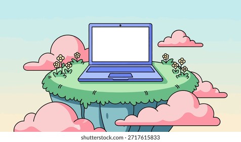 La Imagen muestra una computadora portátil ubicada en una isla flotante, rodeada de suaves nubes rosadas. Esta metáfora visual representa un mundo digital donde la tecnología y la naturaleza conviven armoniosamente. El