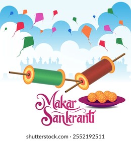 The image showcases Makar Sankranti with vibrant kites soaring in the sky spools of thread and a plate of ladoos Makar Sankranti is written in a decorative font below exuding joy and festivity

