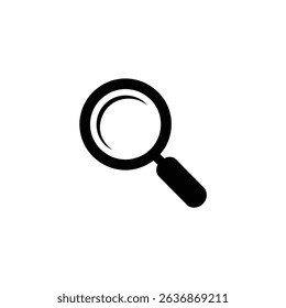 Image showcases a minimalist black magnifying glass icon isolated against a white background, symbolizing search, investigation, and the concept of magnifying details.