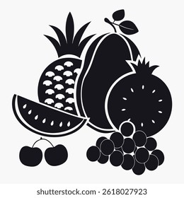 Image showcases a minimalist composition featuring pineapple, pear, watermelon, pomegranate, and grapes. Simple black shapes against a transparent background.