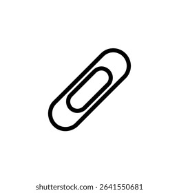 The image showcases a minimalist paperclip icon, rendered in a bold black outline against a clean white backdrop. Simple design ideal for representing office supplies.