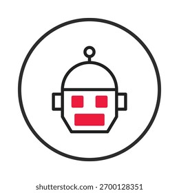 A imagem mostra um ícone de cabeça de robô minimalista colocado sobre um fundo branco e circundado por uma linha preta. O design estilizado transmite uma sensação de automação moderna, inteligência artificial e