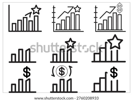 The image showcases multiple variations of bar graph illustrations, each symbolizing different aspects of business analytics and financial performance. Some icons include rising trend lines that represent growth over time, while others incorporate stars to indicate success, excellence, or high performance. The inclusion of dollar signs emphasizes financial gain, profit increase, and revenue generation, making these icons especially useful for finance-related content. Together, these elements create a cohesive visual language that effectively communicates progress, strategy, and results.

Business professionals, marketers, and designers can use these icons to enhance reports, dashboards, and presentations. Whether you are illustrating quarterly earnings, sales performance, return on investment (ROI), or key performance indicators (KPIs), these icons provide a clear and engaging way to present your data. Their simple and modern design ensures that they remain versatile and easy to integrate into a wide range of projects, from corporate documents to social media graphics.