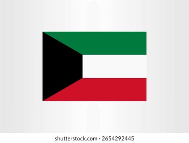 A imagem mostra a bandeira nacional do Kuwait, com um design distinto composto por listras horizontais verdes, brancas e vermelhas, com um trapézio preto no lado do guincho. 