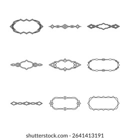 The image showcases nine distinct geometric frames and border designs, all rendered in black lines against a clean white background. These designs offer a variety of styles.