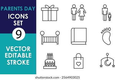 The image showcases a Parents' Day vector icon set with nine minimalistic, editable icons, including family, gift, crib, cake, book, and baby items