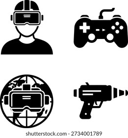 The image showcases a person wearing a virtual reality headset, a game controller, a virtual reality headset on a globe, and a futuristic gun, illustrating the immersive and interactive nature of virtual reality gaming.