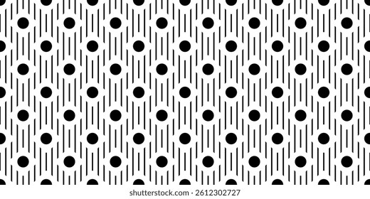 The image showcases a repeating geometric pattern in black and white. It features a grid of evenly spaced black circles, each surrounded by a series of vertical black lines.
