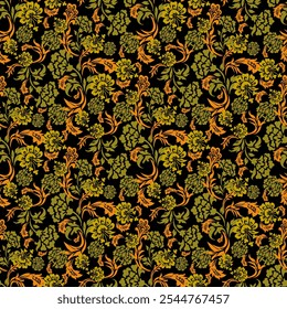 The image showcases a seamless pattern of stylized flowers and leaves in shades of gold and olive green, set against a stark black background. 